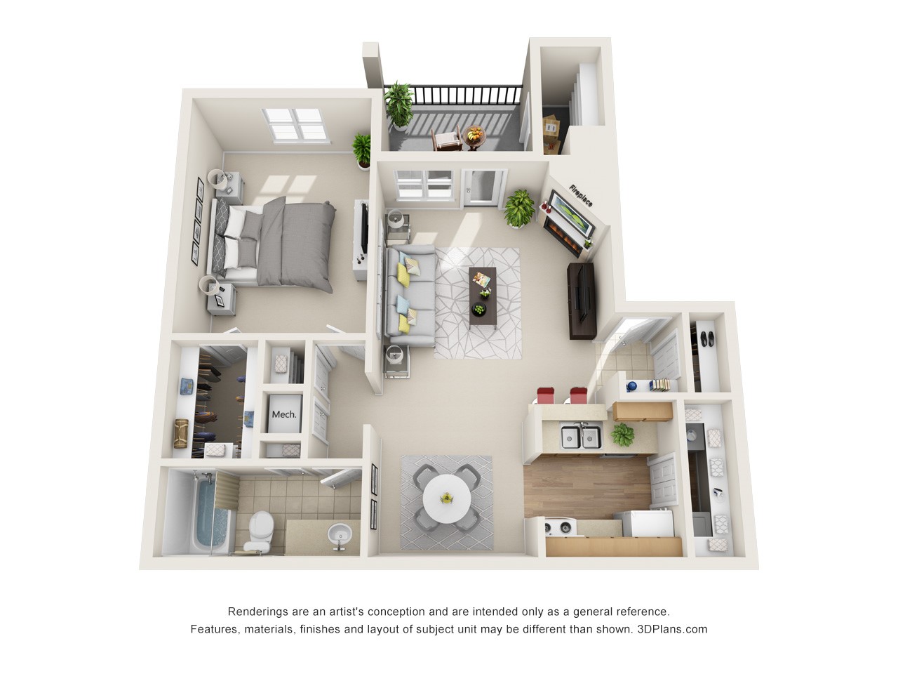 Digital rendering of A3- 758 square foot floor plan