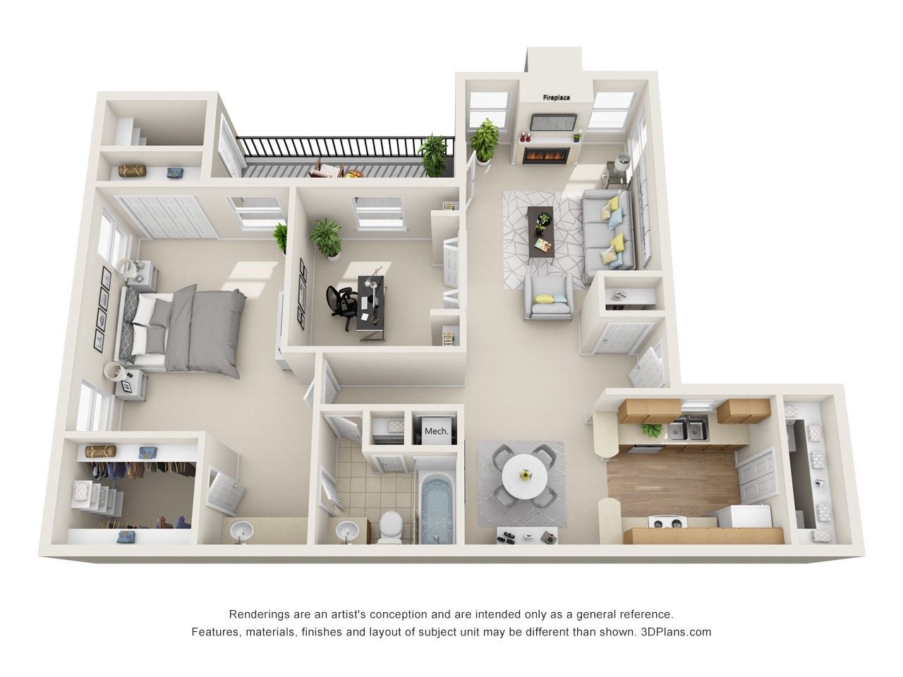 Digital rendering of B1 - 986 square foot floor plan, One bedroom and study, One bathroom
