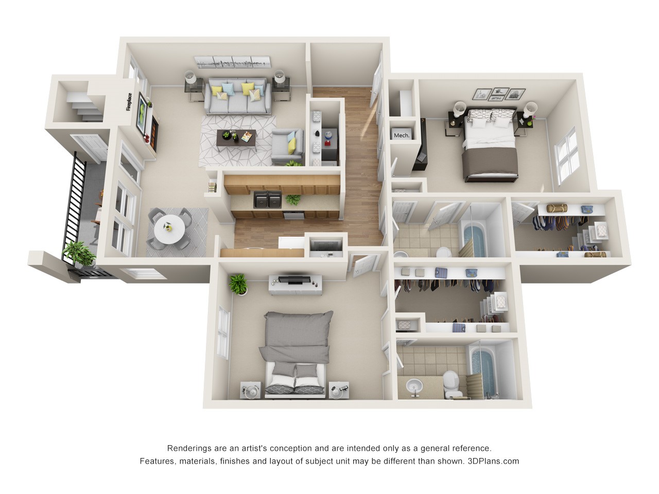 Digital rendering of B2- 1,096 square foot floor plan, Two Bedroom, Two Bathroom