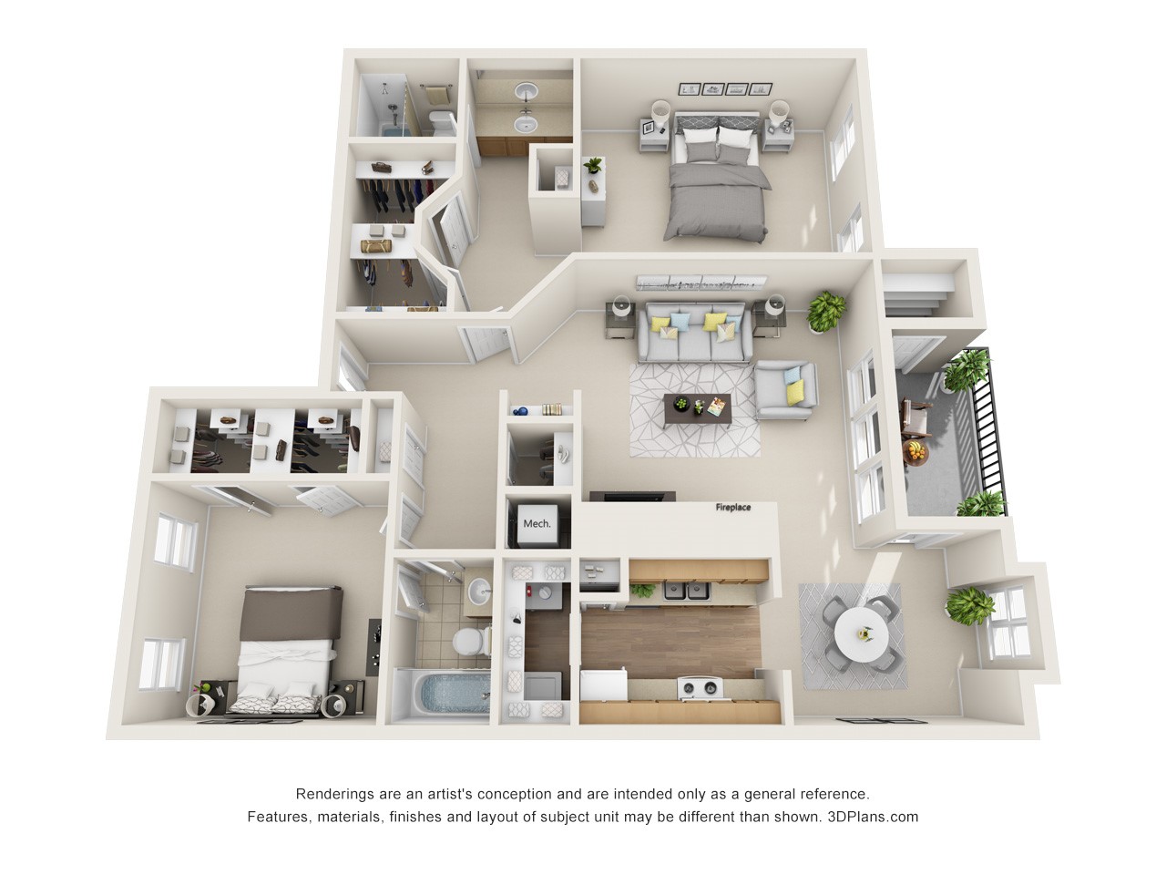 Digital rendering of B3- 1,235 square foot floor plan, Two bedroom, Two bathroom