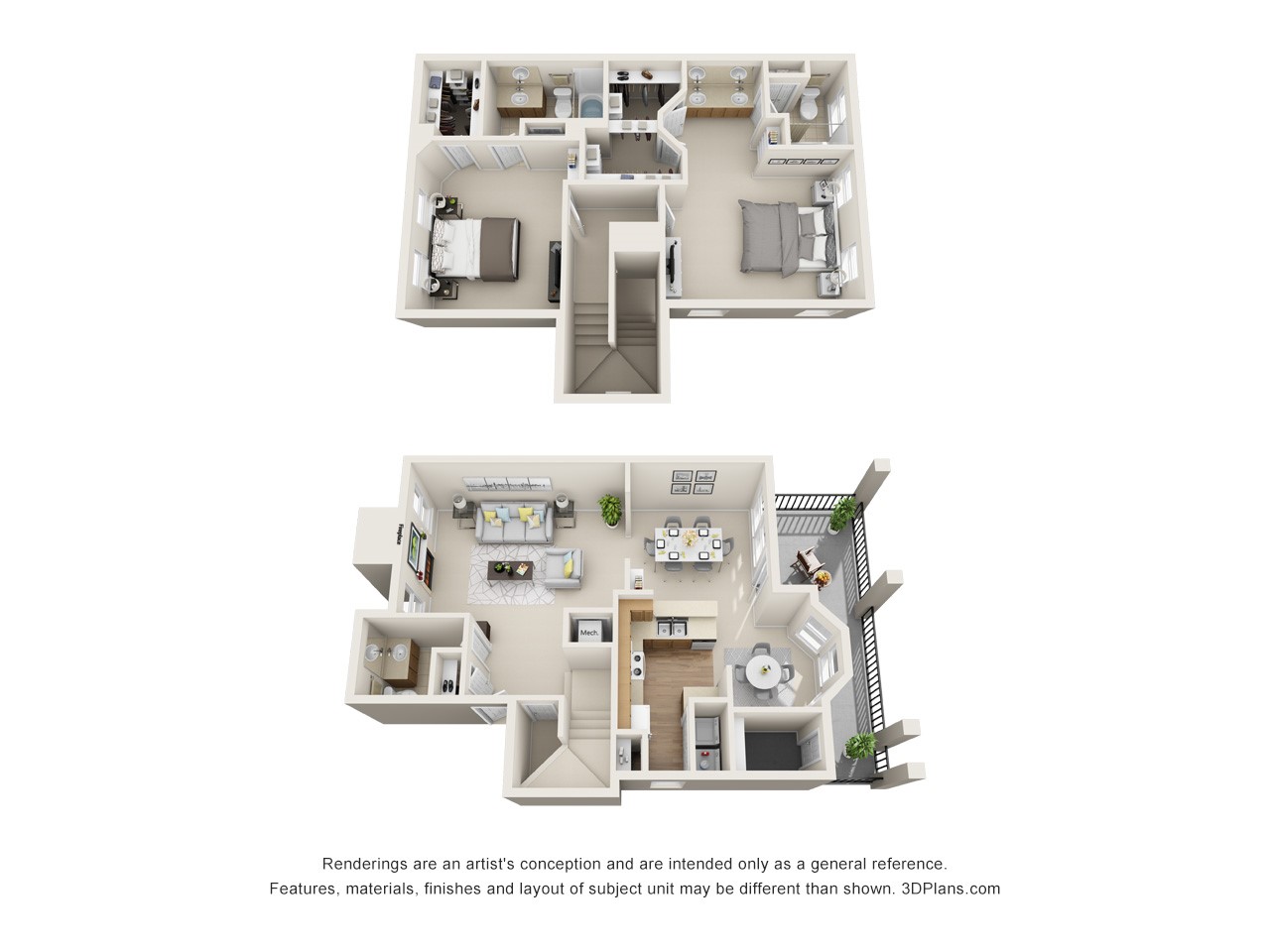Digital rendering of B4 - 1,635 square foot floor plan, Two floors